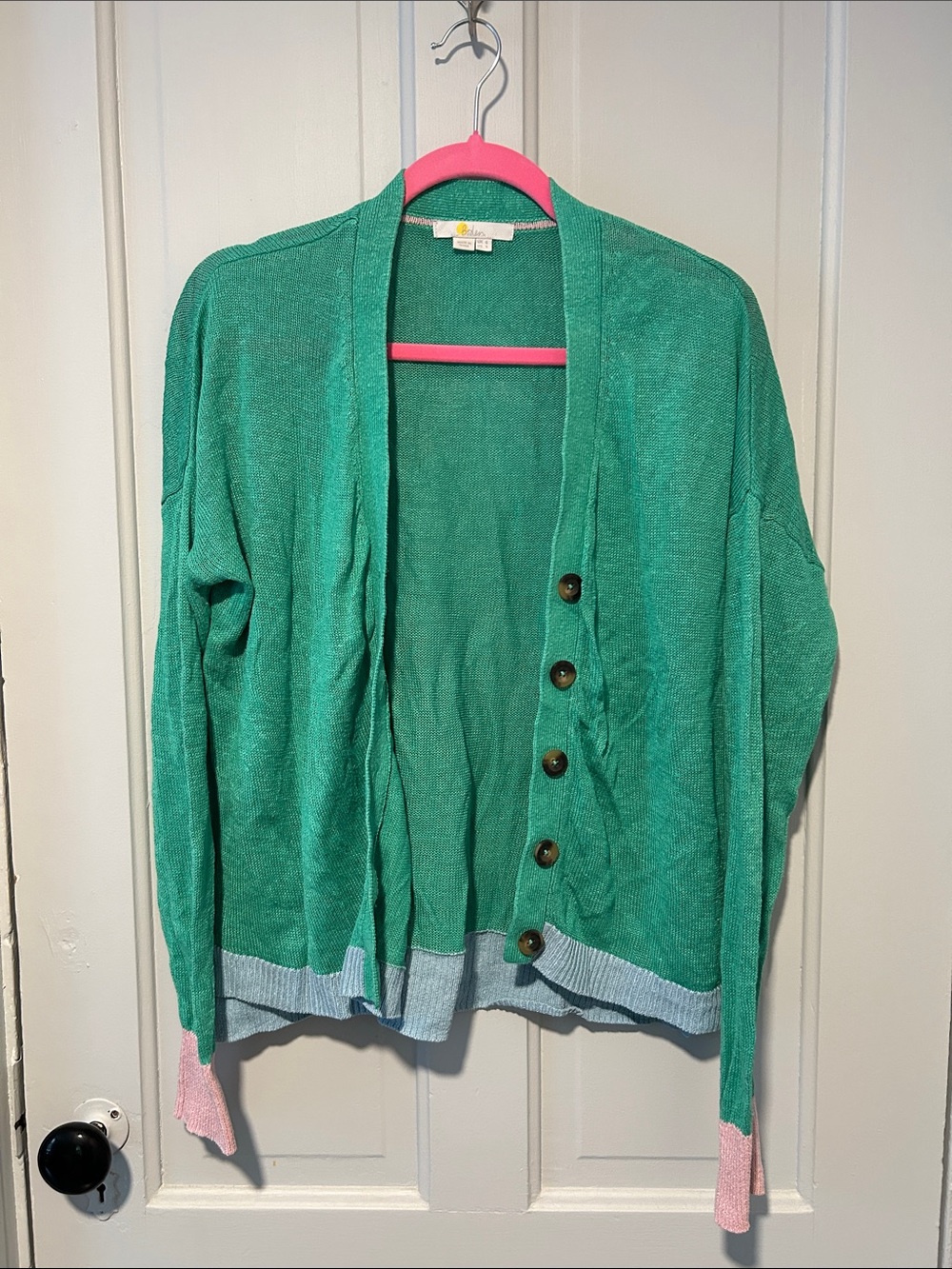 Boden Teal Green Button-Front Cardigan with Light Blue Hem and Pink Cuffs